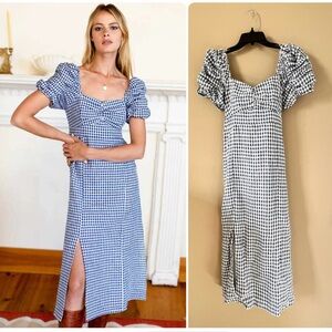 Emerson Fry 100% Linen Gingham Gathered Sleeve Dress